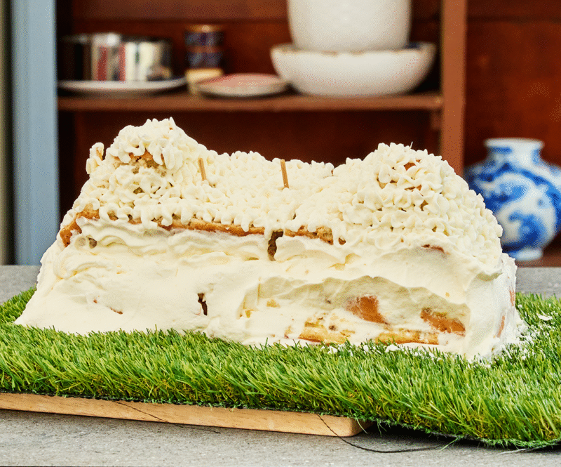 Tent taart van kokoscake met mango-ganache en kokos-limoenmousse